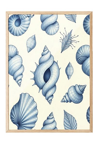 Postifull Wooden Framed Poster, Seashells, Illustration, Blue Color Poster, Summer Selection 2025, No:109686
