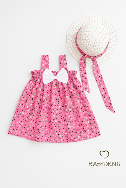 BABYDEN'S Kız Bebek Çiçek Desenli Fiyonklu Yazlık Elbise ve Şapka Takımı Pamuklu 9-36 Ay Yazlık Bebek Kombini