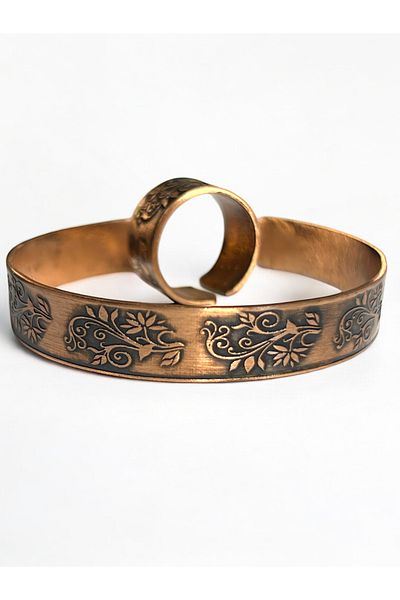PrestigeSO Pure Copper Bracelet & Ring Set with Flower Symbol |   Adjustable & Unisex |   Natural Elegance