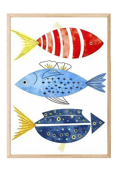 Postifull Wooden Framed Poster, Colorful Fish, Illustration, Colorful Color Poster, 2025 Summer Selection, No:1096