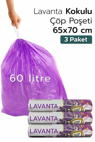 ARVALE Large Size 65X70 Lavender Scented Drawstring Garbage Bag 30 Pieces (3 Pack) Garbage Bag 60 Liters