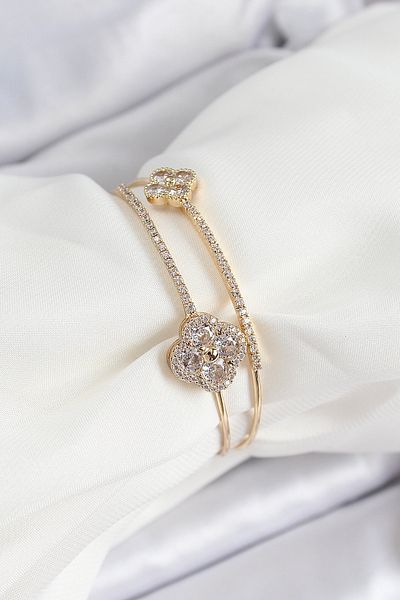 NEZADE STORE Brass Gold Color Zircon Stone Clover Model 2-Piece Women's Bracelet