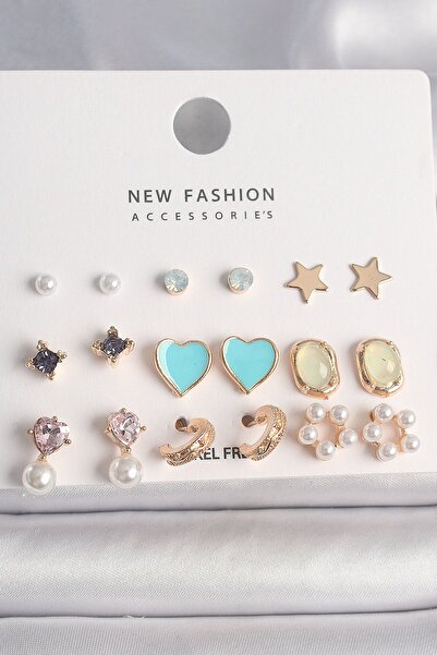 Toptan Bulurum Brass Gold Color Zircon Stone Pearl Flower Blue Heart Figure 9 Pair Women Earrings Set