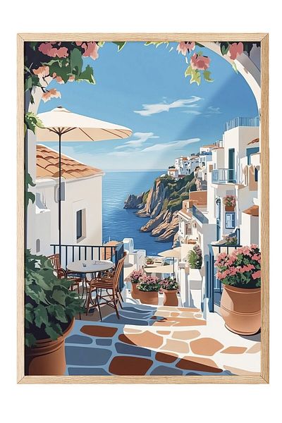 Postifull Wooden Framed Painting, Terrace, Ocean, Flowers, Flat Illustration, Modern, Blue, White Color Poster,