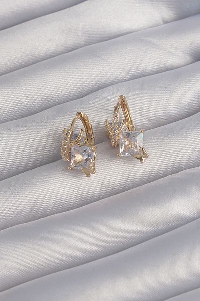 NEZADE STORE Brass Gold Color Large Zircon Stone Curved Minimal Butterfly Hoop Earrings