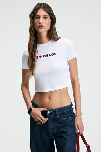 GRIMELANGE Misterna Women's Crew Neck Short Sleeve Front Printed Crop White T-Shirt