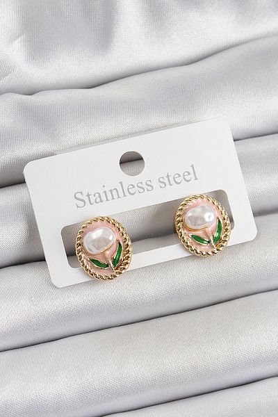 Toptan Bulurum Brass Pink Enamel Tulip Figured Artistic Portrait Model Gold Color Women's Earrings