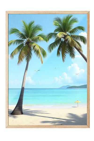 Postifull Wooden Framed Painting, Palm Trees, Illustration, Maximalist, Blue Color Poster, 2025 Summer Selection
