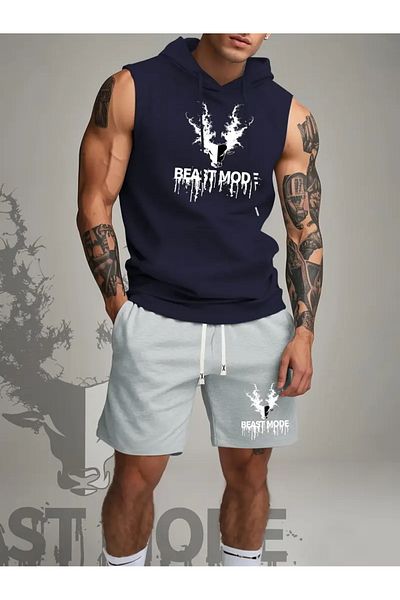 ACTIVE MODA -Men's Gym Sports Singlet-Shorts 2-Piece Set Cotton Printed