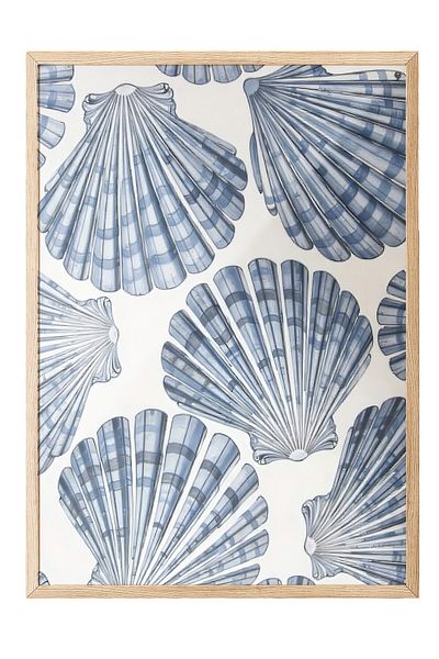 Postifull Wooden Framed Poster, Seashells, Illustration, Blue Color Poster, Summer Selection 2025, No:109677