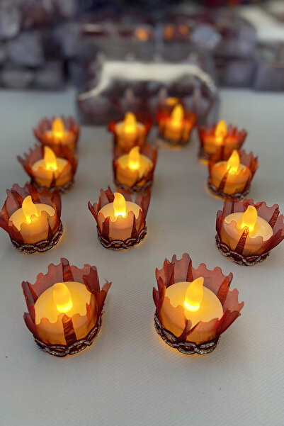 ZEYMERADE Bordo Ledli Kına El Mumu, Led Işıklı, Tealight Mum Pilli 6 Adet, Düğün, Nedime, Bride, Sünnet