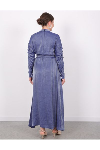 Linvey Kado Stylish Shiny Fabric Sleeve Stoned Stand Collar Cuffed Belted Elastic Summer Evening Dress