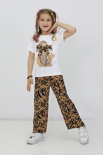 RAPİDO LİFE Girls' Double Suit Short Sleeve Printed Ribbon Detail T-Shirt with Elastic Waist Patterned Pants