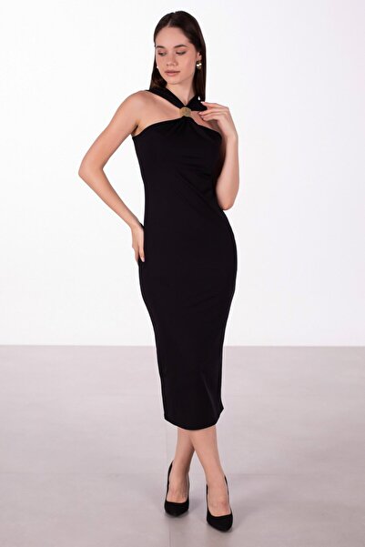 BARRELS AND OIL Kadın Toka Detaylı Uzun Elbise - Siyah