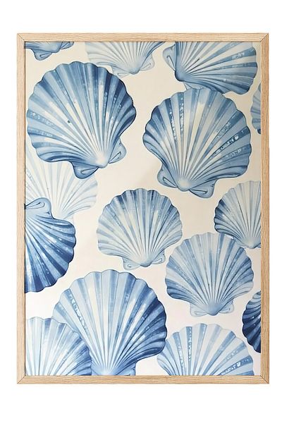 Postifull Wooden Framed Poster, Seashells, Illustration, Blue Color Poster, Summer Selection 2025, No:109678
