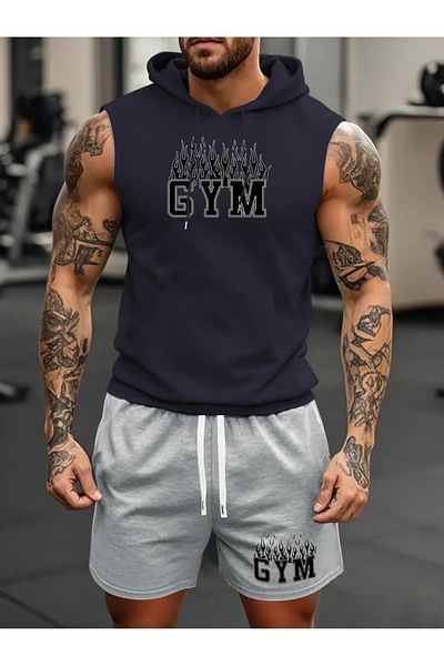 ACTIVE MODA -Men's Gym Sports Singlet-Shorts 2-Piece Set Cotton Printed