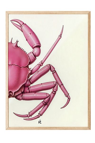 Postifull Wooden Framed Painting, Pink Crab, Illustration, Pink Color Poster, 2025 Summer Selection, No:109721