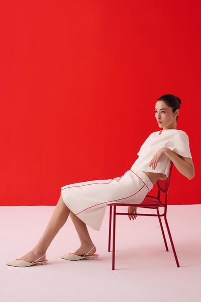 Jus De Pommes EKRU KIRMIZI BİYE DETAYLI KISA KALEM ETEK