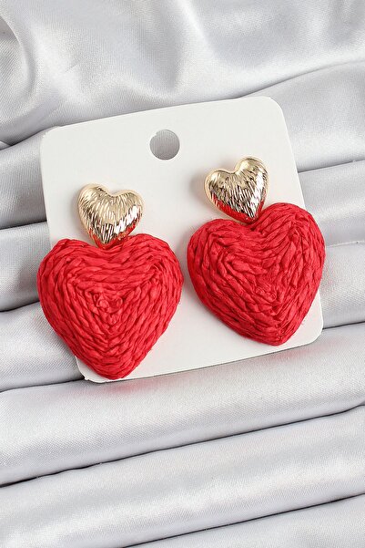 Toptan Bulurum Red Heart Figured Straw Knitted Model Gold Color Women's Earrings
