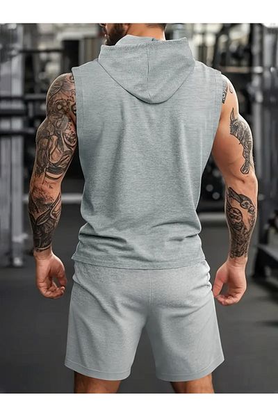 ACTIVE MODA -Men's Gym Sports Singlet-Shorts 2-Piece Set Cotton Printed