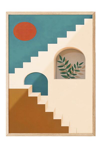 Postifull Wooden Framed Painting, House Staircase, Illustration, Green Color Poster, 2025 Summer Selection, No:109727