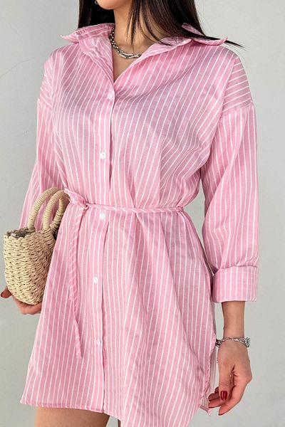 Cappmoda Elb-01808 Pink Striped Belt Detailed Shirt Dress