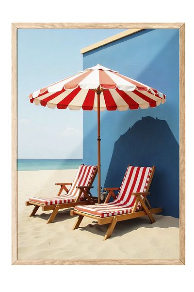 Postifull Wooden Framed Painting, Beach Sunbed, Photo, Red Color Poster, Summer Selection 2025, No:109704