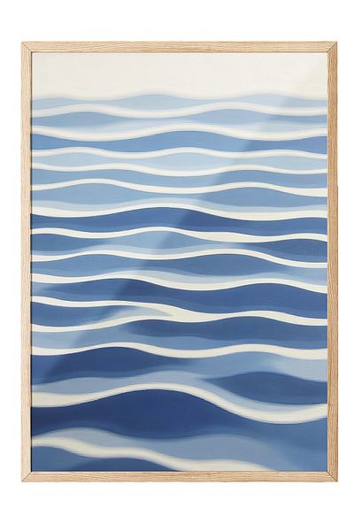 Postifull Wooden Framed Poster, Sea Waves, Illustration, Blue Color Poster, 2025 Summer Selection, No:109691
