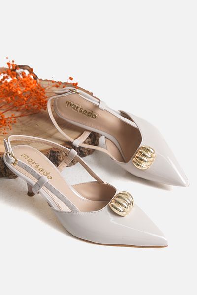 MARSEDO Garcia Women's Stiletto Gold Accessory Detailed Heeled Shoes Beige Patent Leather