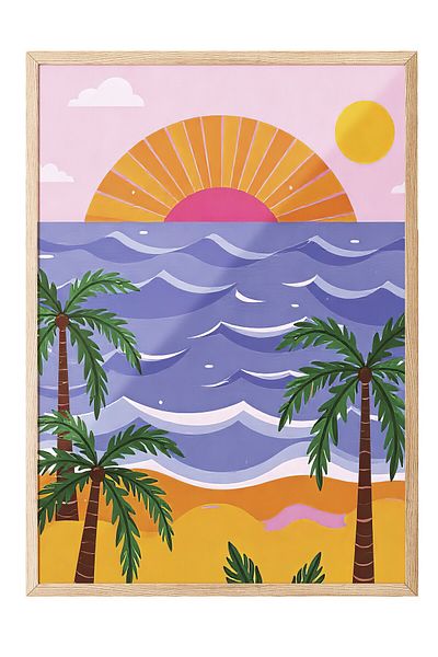 Postifull Wooden Framed Painting, Beach Landscape, Illustration, Maximalist, Pink Color Poster, 2025 Summer Selection