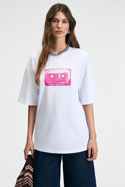 GRIMELANGE Lucenya Women's Crew Neck Short Sleeve Regular Fit White T-Shirt with Front Print Detail