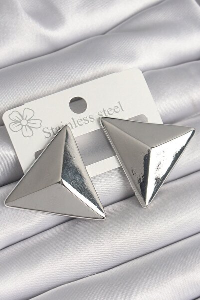 Toptan Bulurum Brass Silver Color 3D Triangle Model Women's Earrings