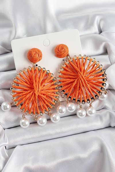 Toptan Bulurum Orange Straw Weave Spiral Model Gold Color Women's Earrings with Hanging Pearl Detail