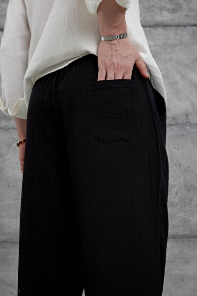 NO 601 Erkek Siyah Yazlık Müslin Keten Karışımlı Kumaş Rahat Kesim Pantalon