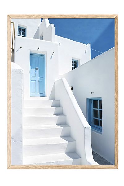 Postifull Wooden Framed Painting, Blue Door Stairs, Photo, Blue Color Poster, 2025 Summer Selection, No:109712
