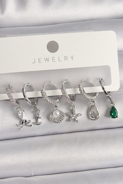 NEZADE STORE Brass Silver Color Zircon Stone Pearl Detail Multi Figure Women's Earring Set