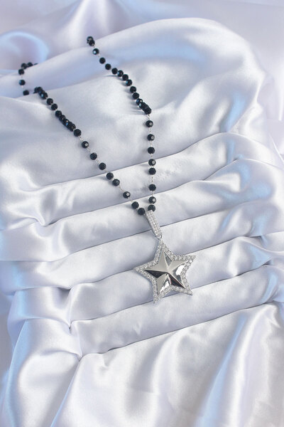 Toptan Bulurum Silver Color Black Bead Zircon Stone Brass Star Model Vip Series Women's Ke