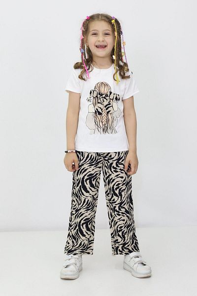 RAPİDO LİFE Girls' Double Suit Short Sleeve Printed Ribbon Detail T-Shirt with Elastic Waist Patterned Pants