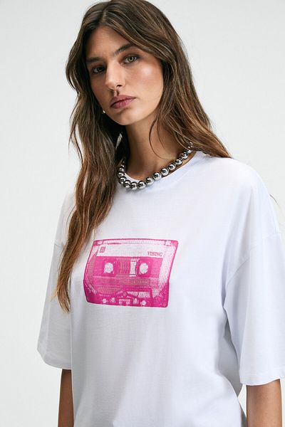 GRIMELANGE Lucenya Women's Crew Neck Short Sleeve Regular Fit White T-Shirt with Front Print Detail