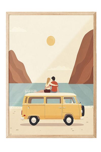 Postifull Wooden Framed Painting, Sunset and Couple, Illustration, Yellow Color Poster, 2025 Summer Selection, No:1097