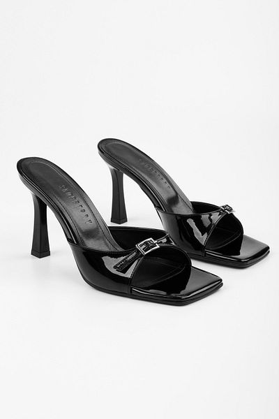 Shoeberry Women's Vionne Black Patent Leather Belted Heeled Slippers