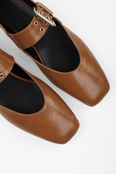 Shoeberry Women's Vell Caramel Skin Belt Buckle Ballerinas