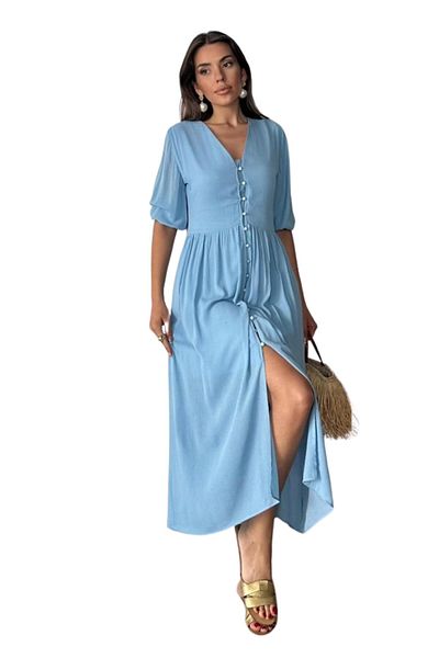 Moda Amore Women's Summer White Dress - V Neck Lined Button Detail Short Sleeve Dress 7539