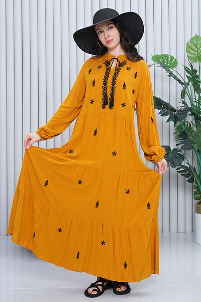 EL jadida Women's Embroidered Tassel Plus Size Hijab Dress Mustard