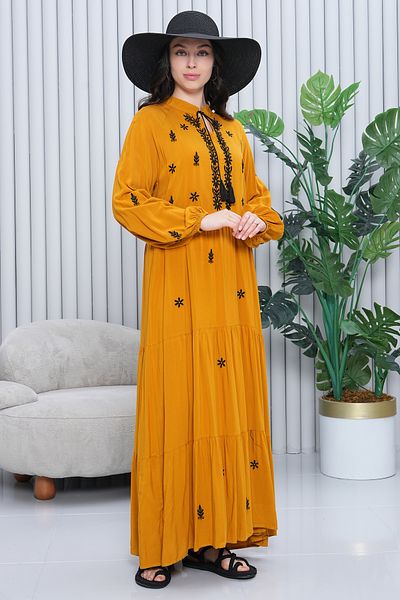EL jadida Women's Embroidered Tassel Plus Size Hijab Dress Mustard