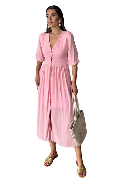 Moda Amore Women's Summer White Dress - V Neck Lined Button Detail Short Sleeve Dress 7539