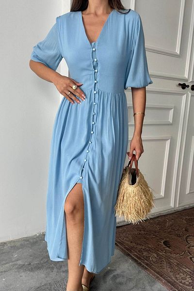 ZISHAN Front Button Detailed Half Sleeve V Neck Summer Casual Dress - 7539