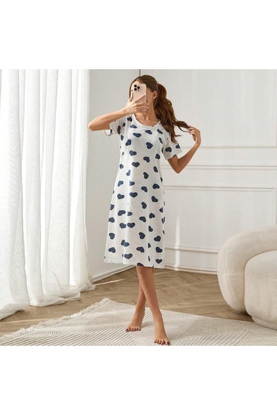 FORVENS Soft Textured Heart Pattern Knee Length Home Dress