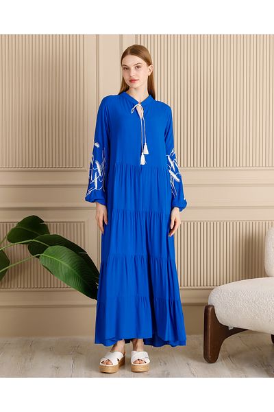 EL jadida Women's Embroidered Tasseled Plus Size Hijab Dress Saks Blue