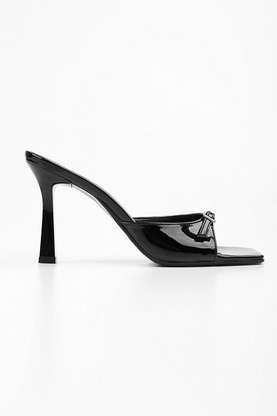 Shoeberry Women's Vionne Black Patent Leather Belted Heeled Slippers
